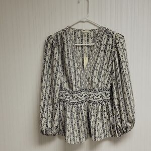 Max Studio Floral Peplum Top With Plunging V Neck black white women's XSmall New